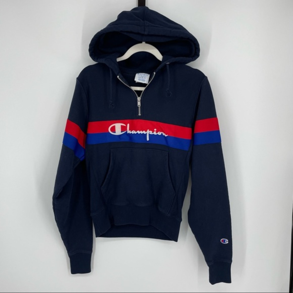 Champion Hoodie Sz XS Blue 1/4 Zip Logo reverse weave striped sleeve